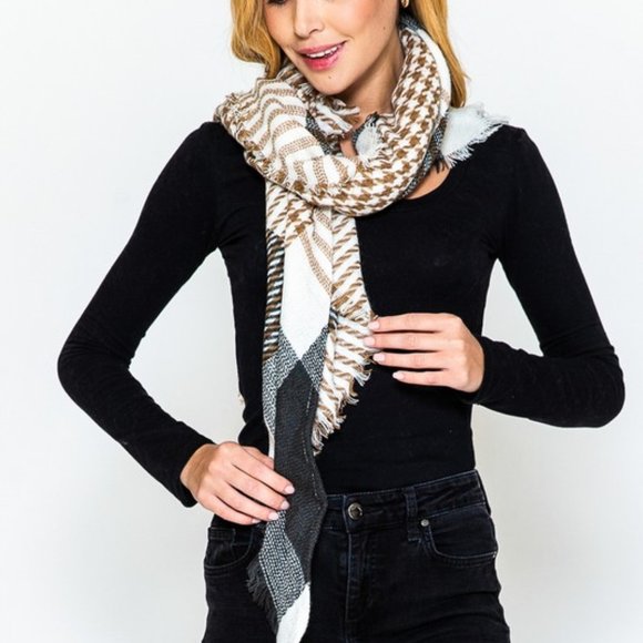 Houndstooth Plaid Triangle Scarf, Tan/Black/White - Picture 3 of 8